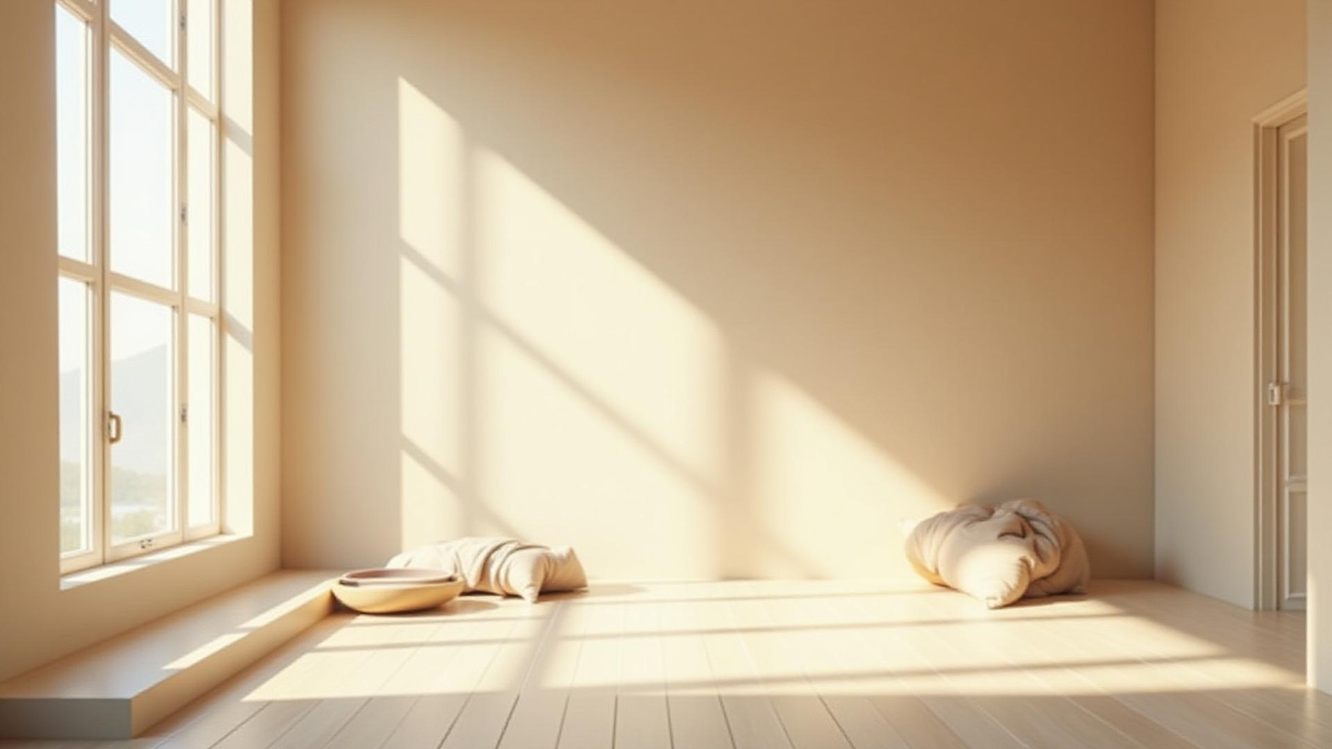 Serene, perfectly lit interior space featuring natural materials and a minimalist design, embodying philosophical living.