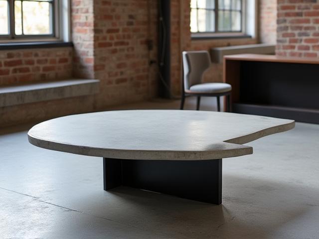 A low, brutalist-inspired coffee table featuring a polished concrete top and a dark metal base.