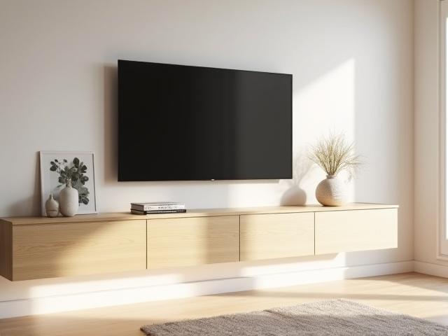 A sleek, minimalist floating oak media unit with integrated lighting in a contemporary London living room.