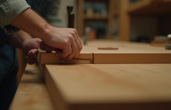 A skilled artisan carefully hand-finishing a wooden joint in a well-lit workshop.