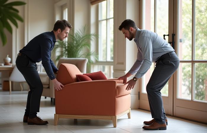 Two professionals carefully placing a newly delivered custom-made armchair into a luxurious living space.