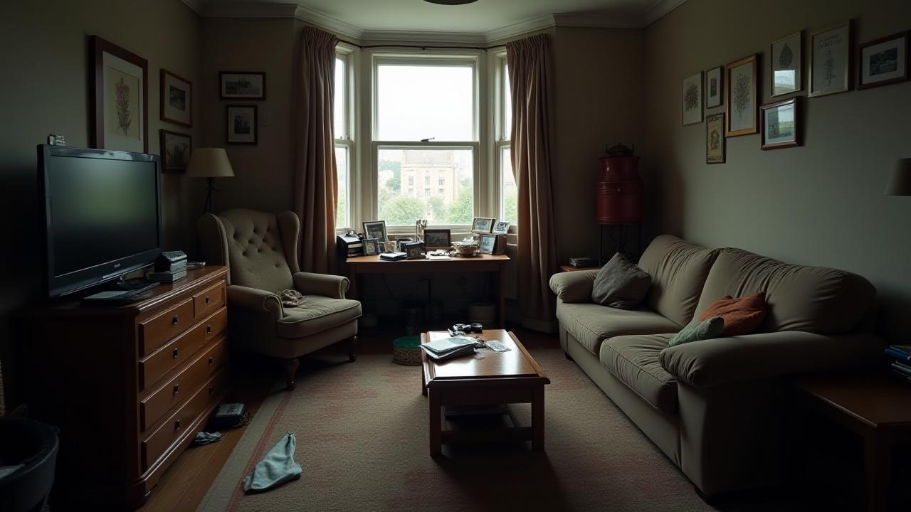 Cluttered, dimly lit living room before redesign