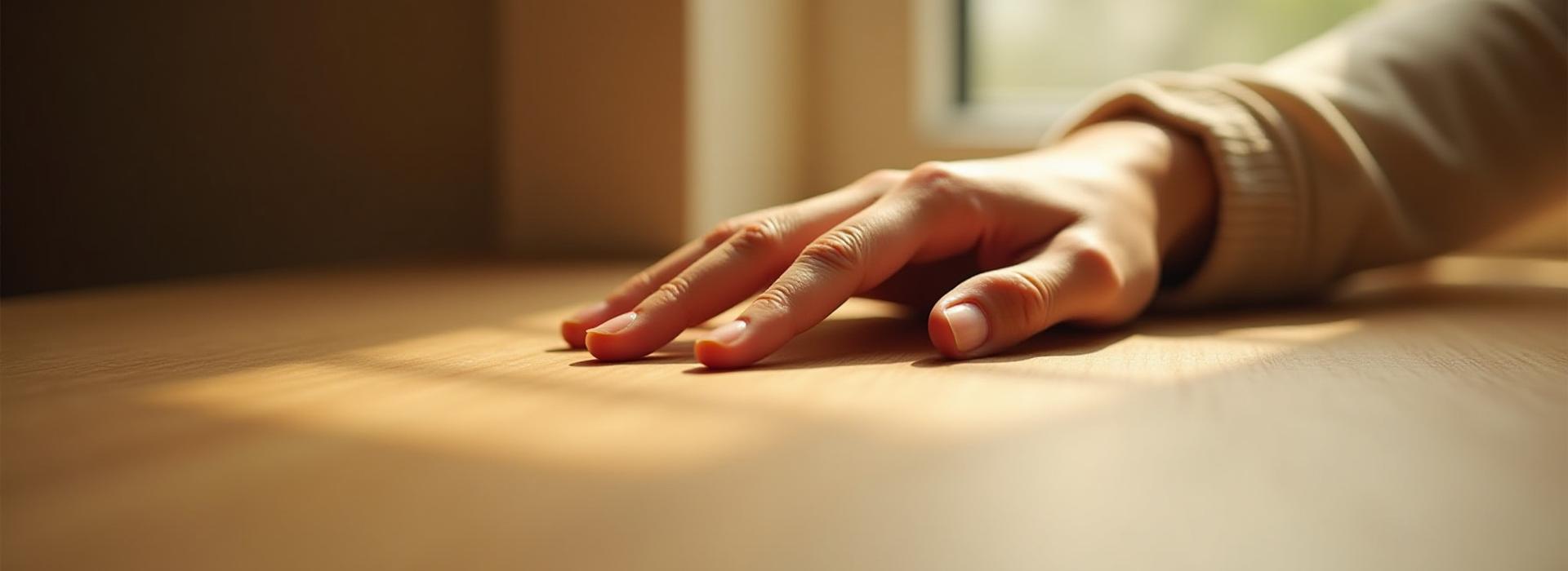 Close-up of a hand gently touching a beautifully lit, richly textured natural wood surface