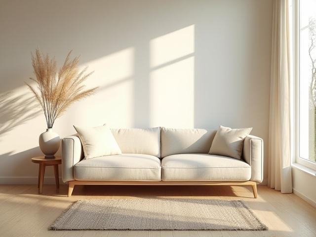 A beautifully styled room with a woven rug and minimalist decor