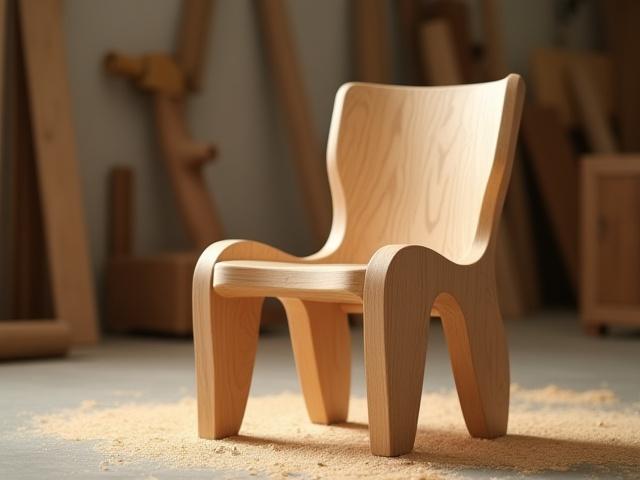 A unique, handcrafted wooden chair in a bright studio