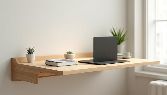 A sleek, wall-mounted fold-down desk made from natural wood, integrated into a small, airy apartment living space, with a laptop and a small plant on it.