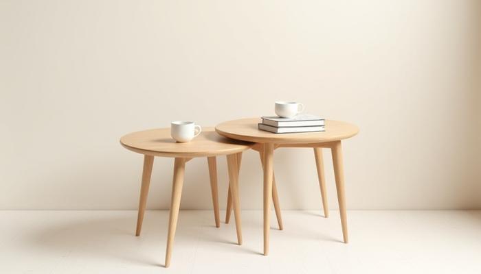 Nesting coffee tables in a clean, minimalist living room, one tucked beneath the other, made from light oak.