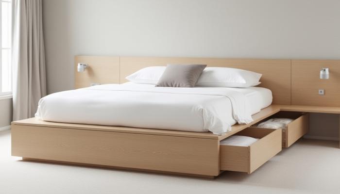 A minimalist platform bed with integrated hidden drawers, made from light wood, in a serene bedroom with soft lighting.