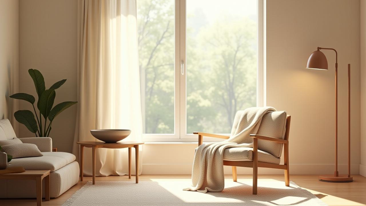 A tranquil living space featuring a blend of homeware items like a minimalist lamp, a wabi-sabi ceramic bowl, and stoic wooden decor, all harmoniously arranged.