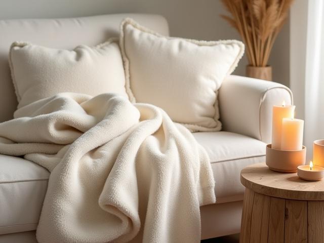 Plush wool throws draped over a sofa, next to flickering candles and a warm teacup.