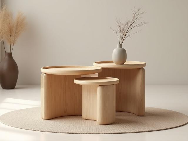The Duo Nesting Tables, two tables nested together, made from light wood.